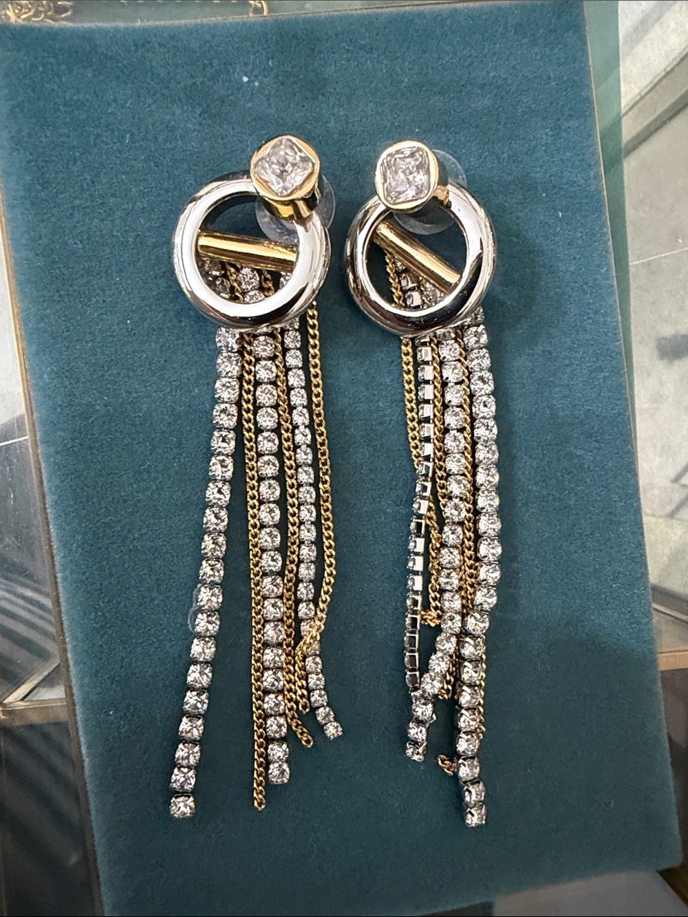 Two-Tone Crystal Tassel Drop Earrings — Gold & Silver